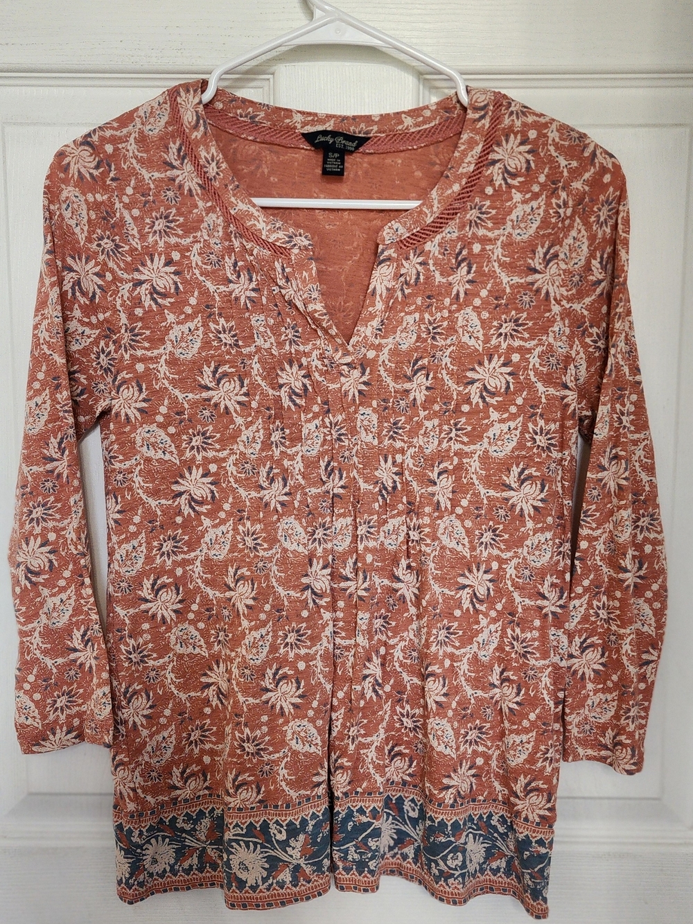 Lucky Brand Rust Floral Pintuck Long-Sleeve Tunic Top